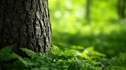 Obraz premium Intricate Bark Texture of Tree Trunk with Sunlit Forest Background