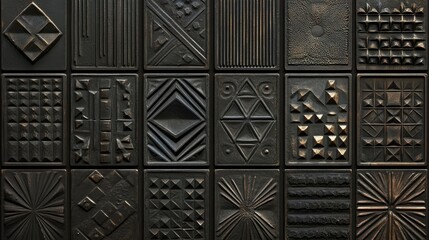A grid of dark rectangular tiles with intricate geometric carvings, featuring patterns like diamonds, triangles, and lines, evoking cultural and historical significance.