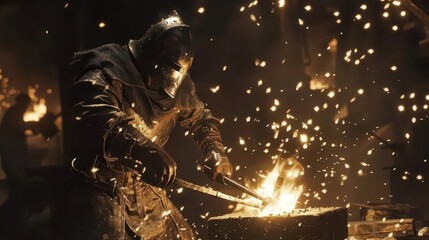 A blacksmith working at a forge, striking metal with sparks flying around.