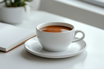 White coffee cup with hot coffee on a minimalist table  