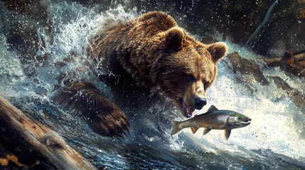 Fototapeta premium massive grizzly bear catching salmon in a fast-flowing river, ultra-realistic, water splashes, strong dynamic pose, rich nature background.