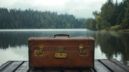 Vintage Suitcase by a Serene Lake: A Journey's Beginning