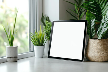 Fototapeta premium Mockup of a blank tablet surrounded by indoor plants 
