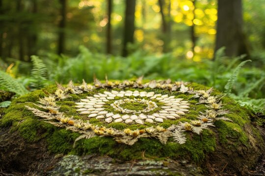 Forest floor mandala created using natural elements like seeds, leaves, and flowers.