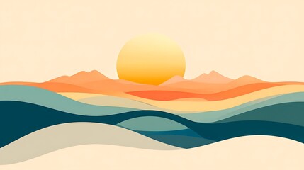 Abstract Sunset Landscape with Rolling Hills and Waves