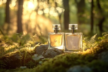 Two perfume bottles rest on mossy rocks in a sun-drenched forest, evoking nature's essence.