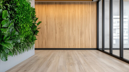 Obraz premium A modern interior featuring a living plant wall, wooden flooring, and large windows that allow natural light to illuminate the space.
