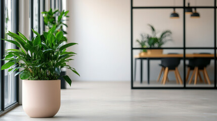 A modern, minimalistic interior featuring a large potted plant, expansive windows, and a stylish workspace in the background.