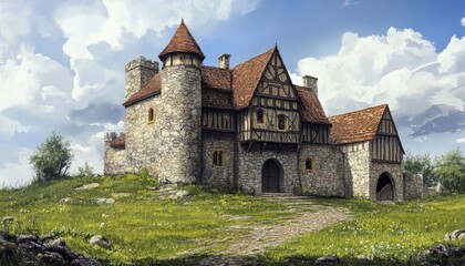 medieval stone palace. two floors. wooden and brick roof. large grassy courtyard at the entrance. digital drawing.