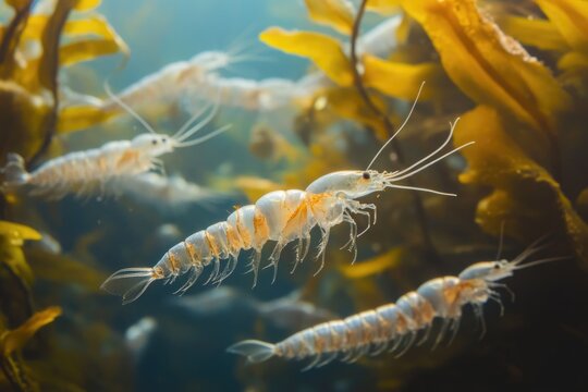 Transparent shrimp swimming amidst golden kelp in an underwater scene.