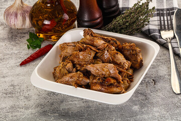 Shredded slow cooked pork meat