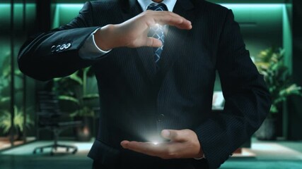 Business person implements green strategies, promoting sustainable growth. Discover how businesses lead with sustainable, green innovations for a healthier planet. UUID