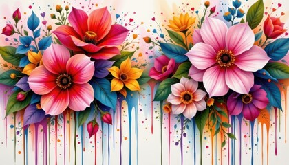 Obraz premium An abstract floral design where blooms appear to drip with vibrant paint, celebrating the beauty and fluidity of nature.