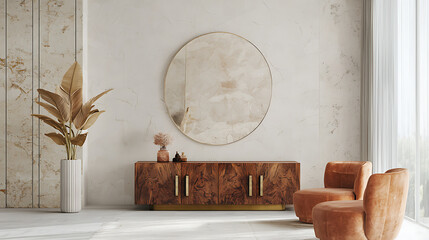 A living room with a wooden coffee table and two orange chairs