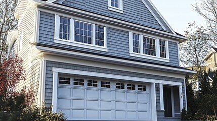 Modern Two Story Home with Windows and Garage Door in Focus