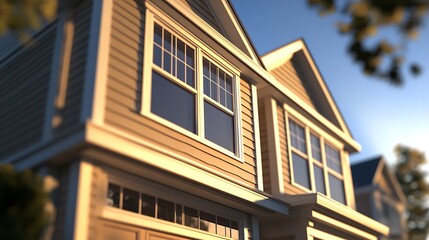Modern Two Story Home with Windows and Garage Door in Focus