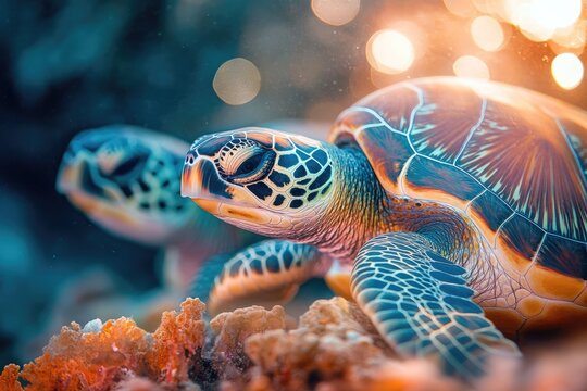 Two vibrant sea turtles gracefully swim amidst a coral reef, bathed in warm, ambient light.
