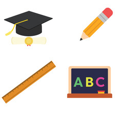 School Supplies Vector Illustration with Graduation Cap, Pencil, Ruler, and Blackboard