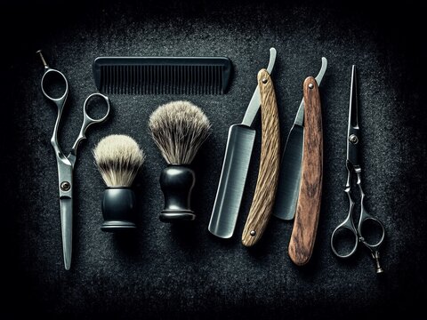 Barber tools display razor blades comb brushes scissors dark backdrop professional setting grooming supplies