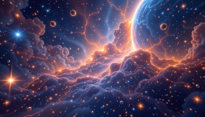 Obraz premium A cosmic scene featuring radiant stars twinkling against a soft nebula background, with light waves radiating outward.
