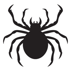 A black silhouette of a spider with sharp, curved legs and a round body. The spider has a slightly menacing look, with small horn-like shapes on its head. The background is plain white, creating a hi