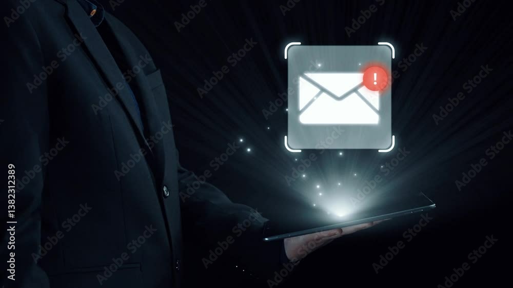 Poster business person checking email inbox, organizing and prioritizing messages for better productivity. 
