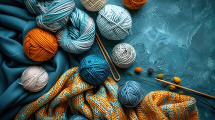 A cozy arrangement of colorful yarns and knitting needles on a textured surface.