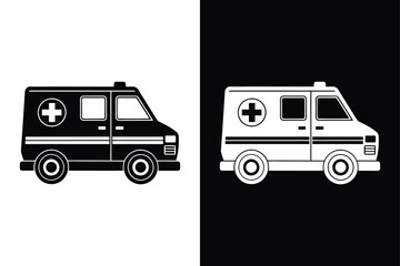 Ambulance Vector Icon Silhouette. Editable Stroke Emergency Vehicle Design on White and Black Background