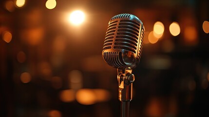 A vintage microphone on stage with a spotlight, evoking anticipation.