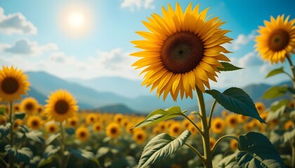 Obraz premium A beautiful close-up view of a sunflower field on a bright, sunny day.