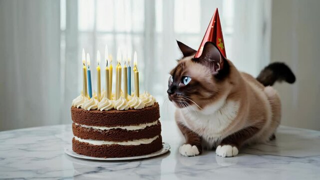 Celebration with a cat and a birthday cake featuring colorful candles on a marble table