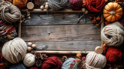 A cozy arrangement of yarn, knitting tools, and autumn decorations on a wooden surface.