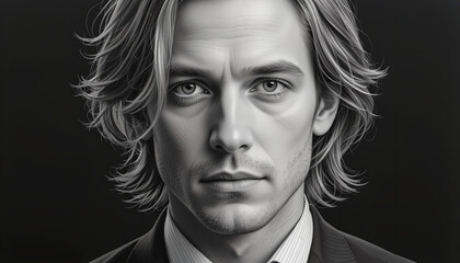 Intense Gaze: Portrait of a Serious Man with Flowing Hair in Monochrome