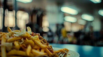 Fototapeta premium Overflowing plate with greasy fast food, french fries and cheeseburger, unhealthy eating habits and poor nutrition concept, junk food and obesity risk.