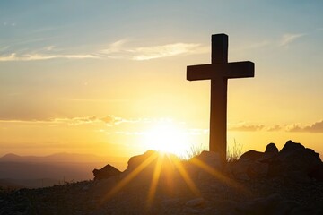 Silhouette of a Cross Against a Radiant Sunset Sky Symbolizing Faith and Hope