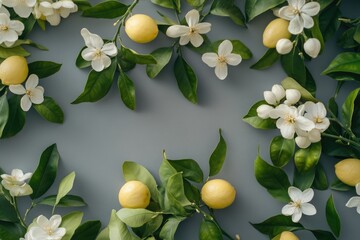 Lemon tree blossoms and fruits arranged artistically on a gray background.