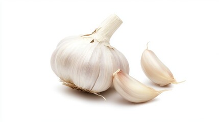 Fresh garlic bulb and cloves displayed on a clean surface for cooking and culinary uses in a bright kitchen setting, isolated on white background