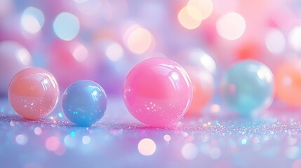 Pastel colored spheres on glittery surface with bokeh background