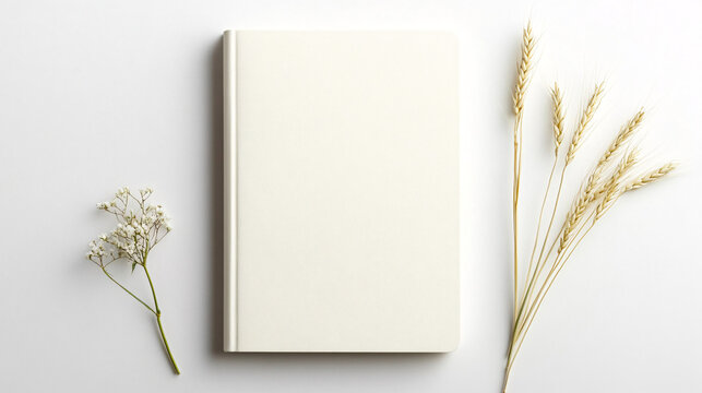 Blank White Book Cover Mockup with Wheat and Gypsophila on White Background Minimalist Still Life