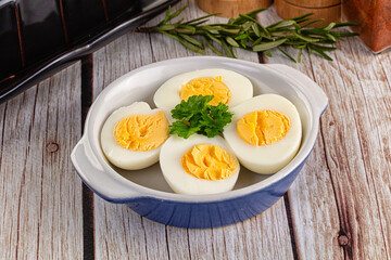 Boiled chicken eggs with bright yolk