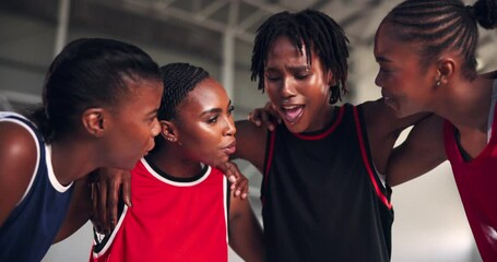 Huddle, support and teamwork with black women on basketball court for sports, game and friends. Solidarity, training strategy and competition with group of people in gym for fitness and discussion - Powered by Adobe