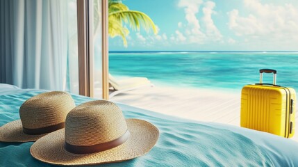 Obraz premium Idyllic tropical villa with sea view relaxing getaway featuring hats and bright yellow suitcase