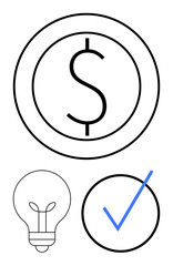 Dollar coin representing value, light bulb symbolizing ideas, and checkmark for accomplishment. Ideal for finance, innovation, creativity, success, business planning, achievements personal goals