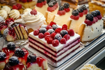 Assortment of Red Velvet and Cream Cakes with Berries