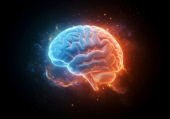 With one hemisphere in blue and the other in orange, a glowing human brain is set against a dark, cosmic background in this abstract illustration