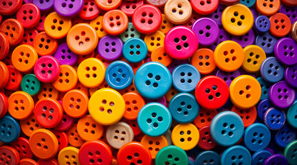 Fototapeta premium Pile of colorful buttons suitable for crafts, sewing, fashion design projects, DIY tutorials, crafting supplies, sewing patterns, and clothing websites.