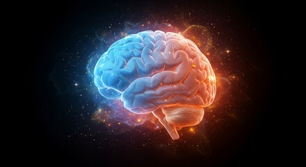 A glowing human brain, with blue and orange hemispheres, is featured against a dark, cosmic background in this abstract illustration
