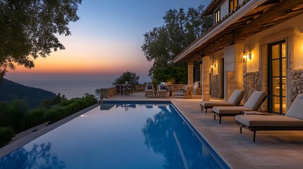 Obraz premium Beautiful luxury villa with spacious pool and surrounding nature view picture