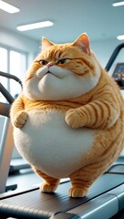 A very fat cat jogging in place, looking extremely serious and determined while exercising