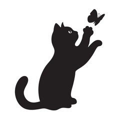 A black silhouette-style image of a cat reaching out with its paw to catch butterflies. The background is white, and both the cat and the butterflies are in solid black